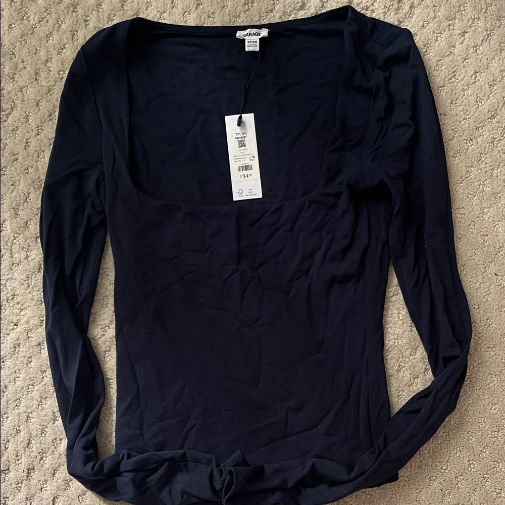 Garage Navy Long Sleeve Square Neck Top